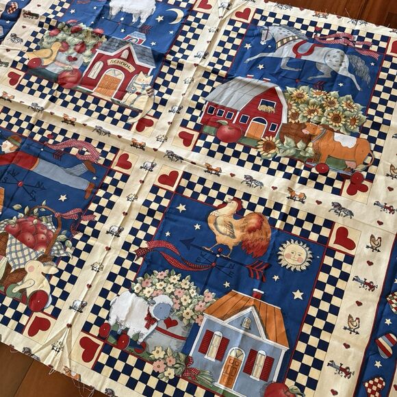 Vtg 90s Susan Winget Fabric Panel Farm School Quilt Blocks Farm Pillow Panels - Picture 5 of 7